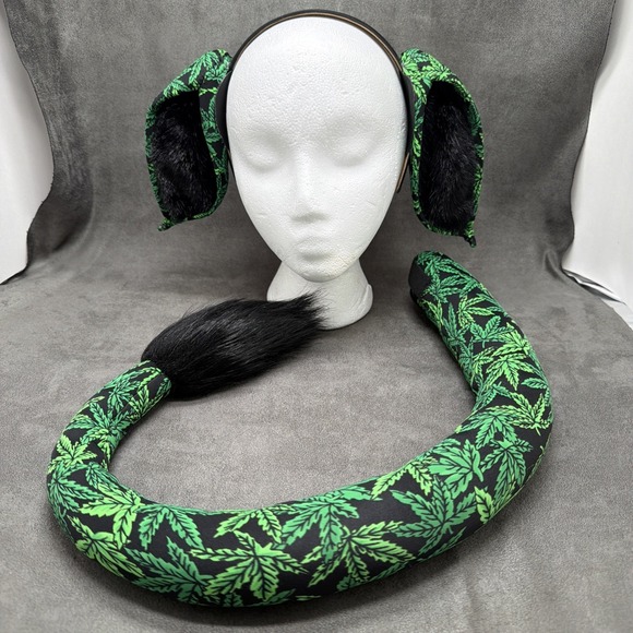 Handmade Accessories - Cosplay Handmade Ears & Tail Green Marijuana Print